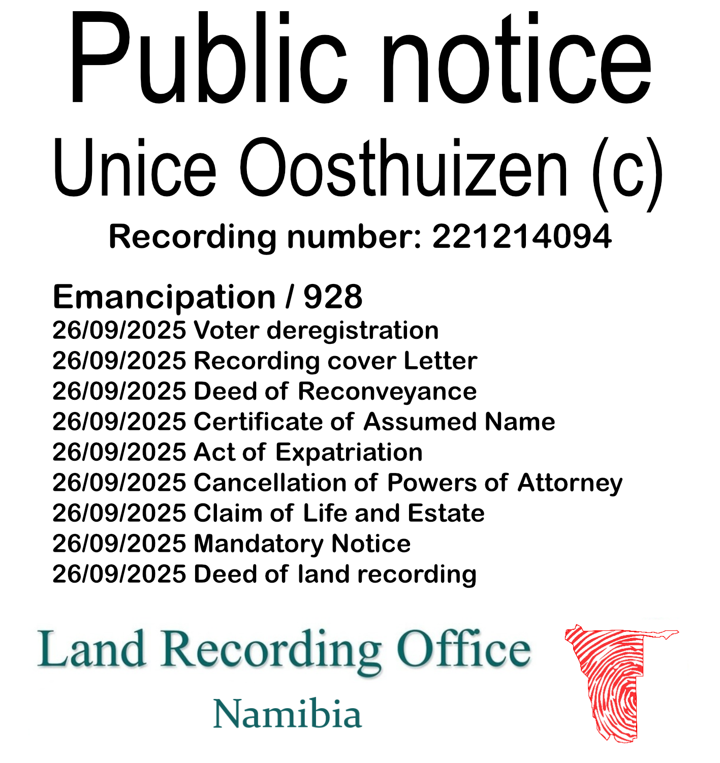 Public Notice Unice Oosthuizen Recording Number 221214094